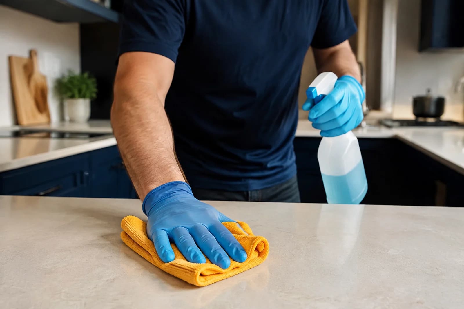 Cleaning a kitchen surface with a cloth